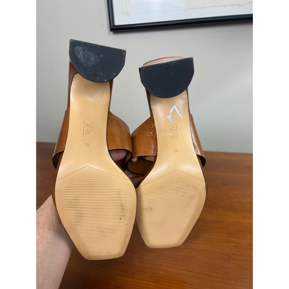 Zara Tan Leather Block Heel Sandals Square Toe Crisscross Mule Cognac Brown 39 - Picture 6 of 6